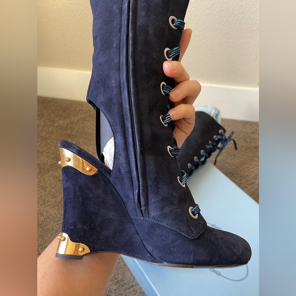 PRADA DARK BLUE LACED KNEW OPEN HEEL BOOTS SIZE 6.5 (36.5 Italian size) - Picture 7 of 17
